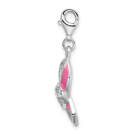 Sterling Silver Ribbon Charm Pendant with Cubic Zirconia Heart, Pink Enamel, Breast Cancer Awareness