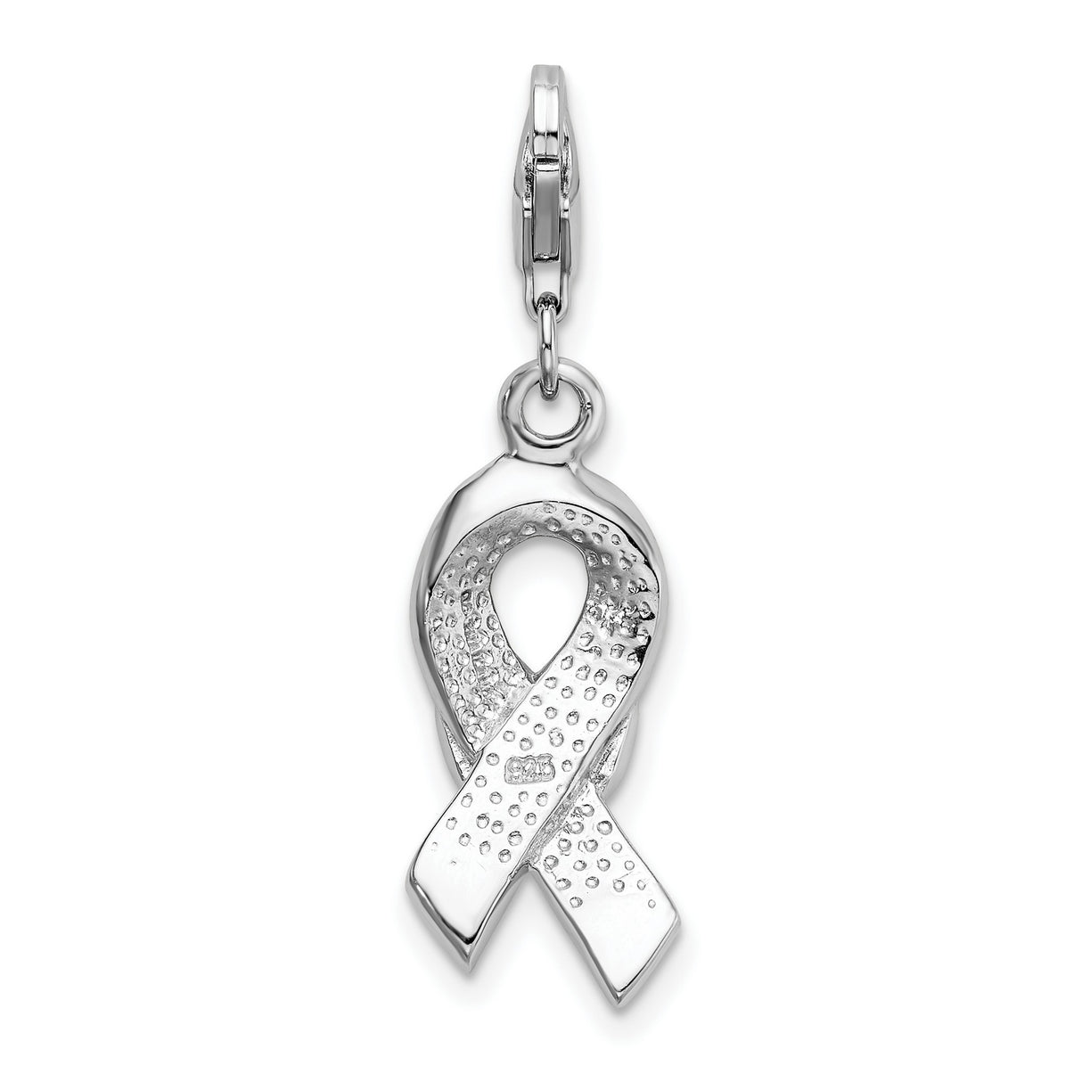 Sterling Silver Ribbon Charm Pendant with Cubic Zirconia Heart, Pink Enamel, Breast Cancer Awareness