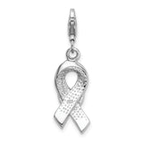 Sterling Silver Ribbon Charm Pendant with Cubic Zirconia Heart, Pink Enamel, Breast Cancer Awareness