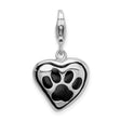 Sterling Silver Heart Paw Charm with Black Enamel, Pet Memorial Jewelry for Dog or Cat Lovers