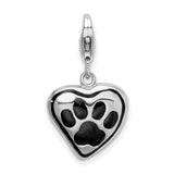 Sterling Silver Heart Paw Charm with Black Enamel, Pet Memorial Jewelry for Dog or Cat Lovers