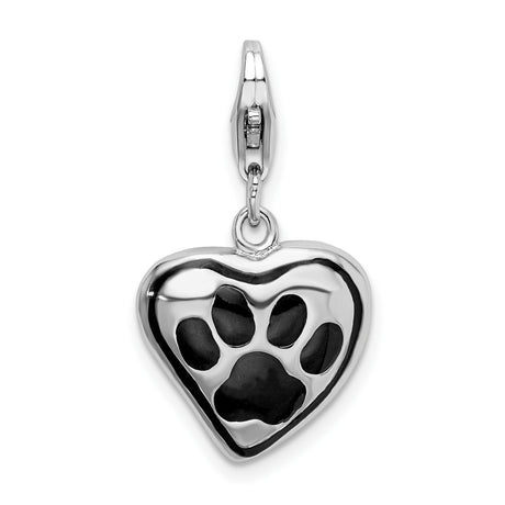 Sterling Silver Heart Paw Charm with Black Enamel, Pet Memorial Jewelry for Dog or Cat Lovers