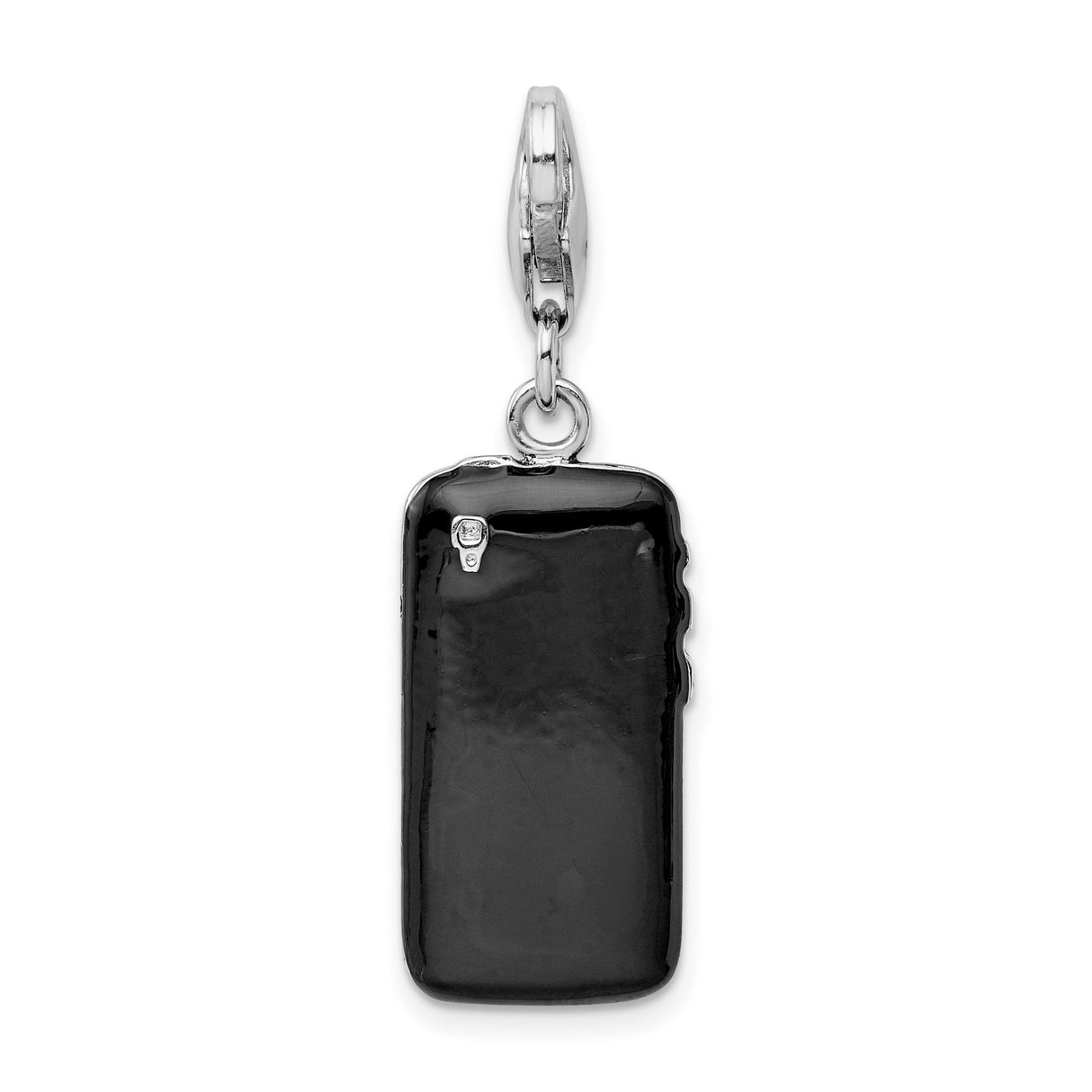 Black Enameled 3-D Cell Phone Charm Pendant in Real 925 Sterling Silver