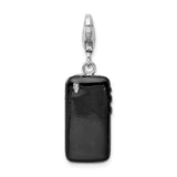Black Enameled 3-D Cell Phone Charm Pendant in Real 925 Sterling Silver