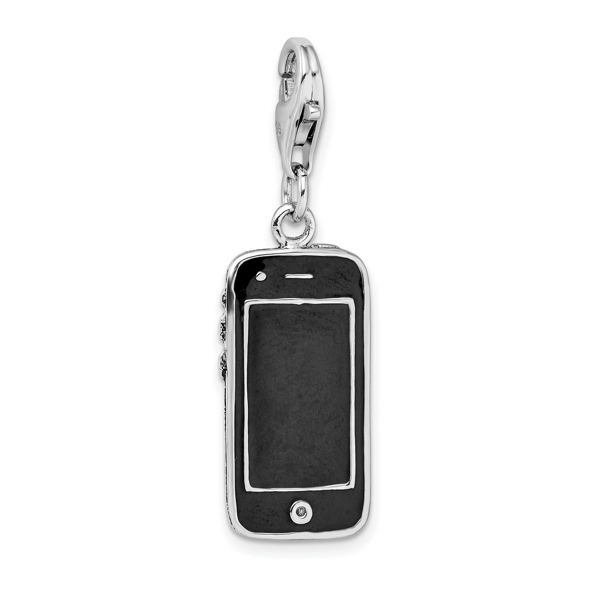 Black Enameled 3-D Cell Phone Charm Pendant in Real 925 Sterling Silver