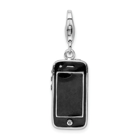 Black Enameled 3-D Cell Phone Charm Pendant in Real 925 Sterling Silver