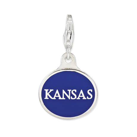 Sterling Silver Kansas State Charm Pendant with Blue Enamel Background and Bold Lettering