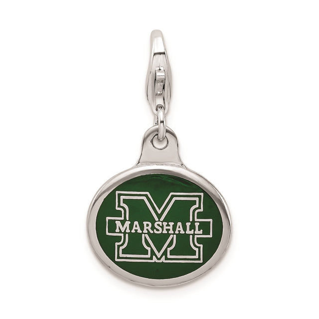 Sterling Silver Marshall University Logo Charm Pendant with Green Enamel Background