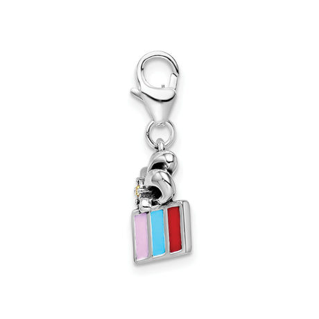 Sterling Silver Box Charm Pendant with Crystal, Yellow Gemstone Accent, Striped Enamel, Bow Design