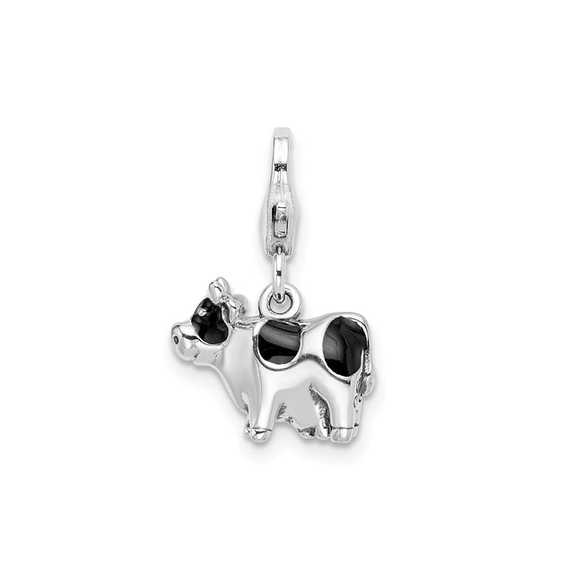Sterling Silver Cow Charm Pendant, Enamel Holstein Design, Farm Animal Theme