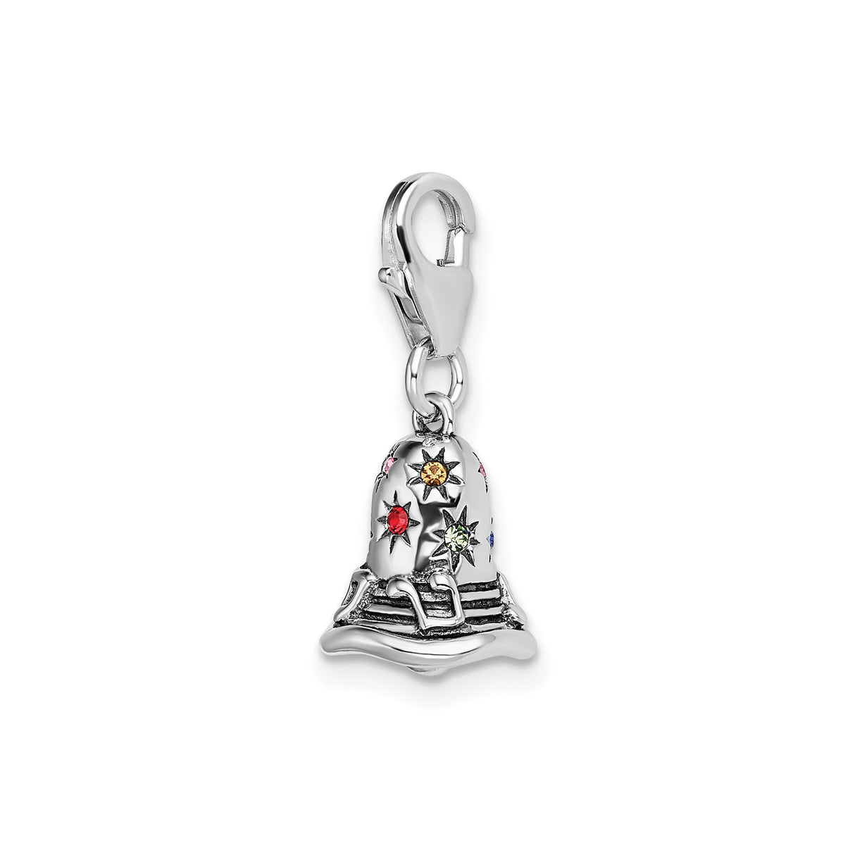 Sterling Silver Christmas Bell Charm with Multicolor Crystal Stars and Festive Bow Accent