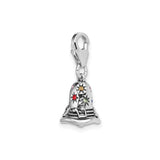Sterling Silver Christmas Bell Charm with Multicolor Crystal Stars and Festive Bow Accent