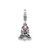Sterling Silver Christmas Bell Charm with Multicolor Crystal Stars and Festive Bow Accent
