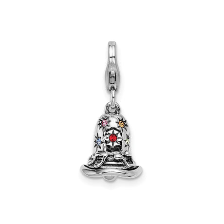 Sterling Silver Christmas Bell Charm with Multicolor Crystal Stars and Festive Bow Accent