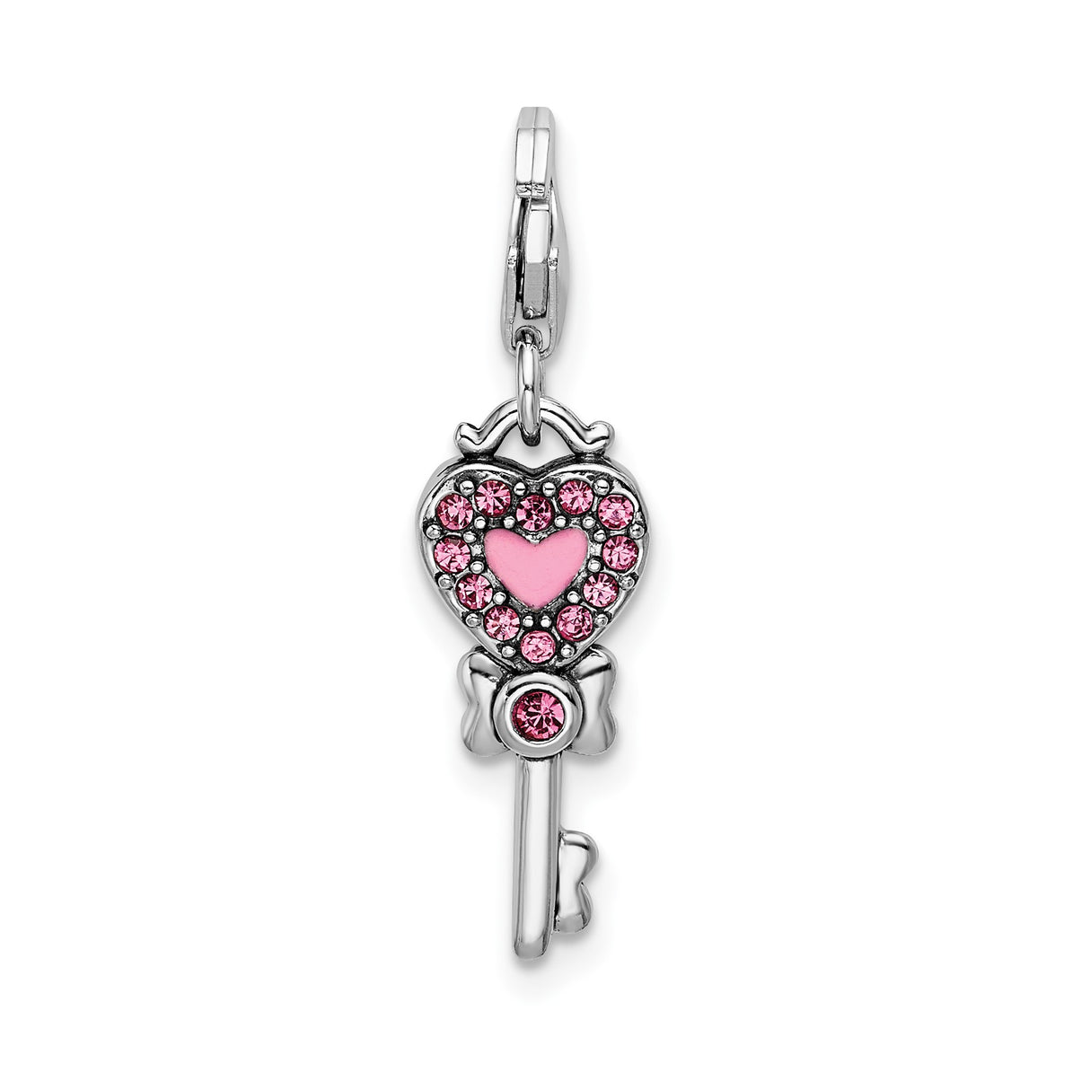 Sterling Silver Key Pendant with Blue Crystal, Heart and Enamel Design