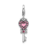 Sterling Silver Key Pendant with Blue Crystal, Heart and Enamel Design