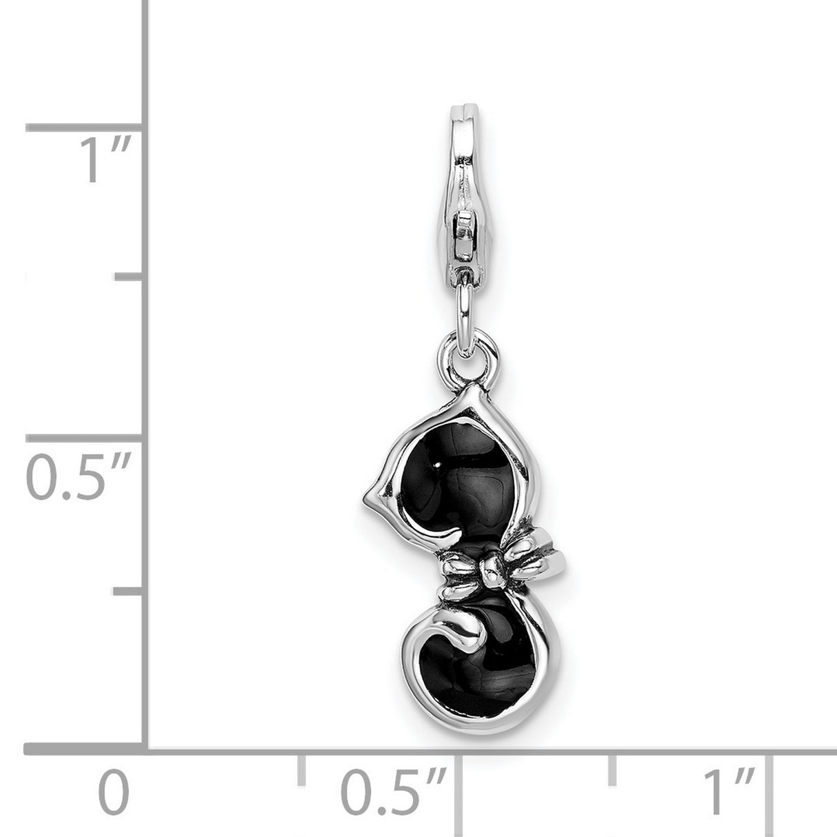 Black Enameled Cat Lobster Clasp Charm Pendant in Real 925 Sterling Silver