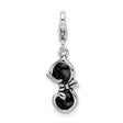 Black Enameled Cat Lobster Clasp Charm Pendant in Real 925 Sterling Silver