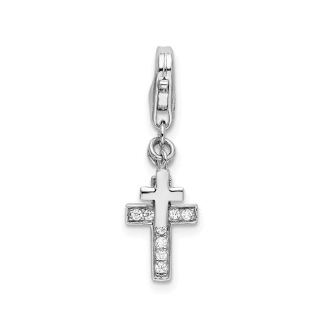Sterling Silver Cross Pendant with Polished Cubic Zirconia, Modern Christian Design