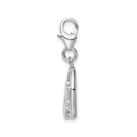 Sterling Silver Mom Charm with Intertwined Hearts, Pink Enamel and Crystal Accents