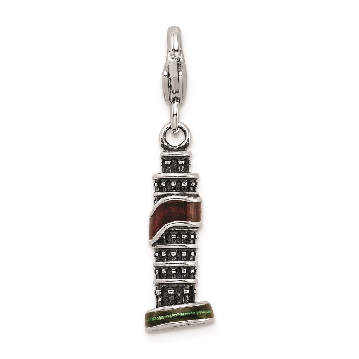 Sterling Silver Pendant with Leaning Tower of Pisa Design and Red and Green Enamel Accents