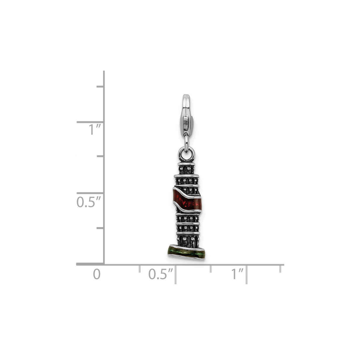 Sterling Silver Pendant with Leaning Tower of Pisa Design and Red and Green Enamel Accents