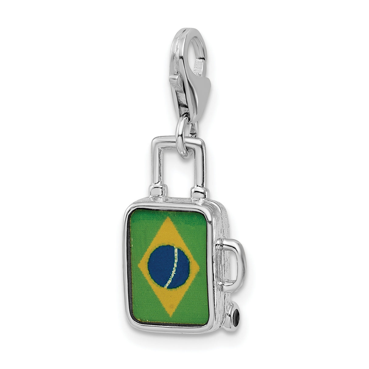 Sterling Silver Suitcase Charm Pendant, Brazil Flag Enamel, Travel Theme Jewelry for Women