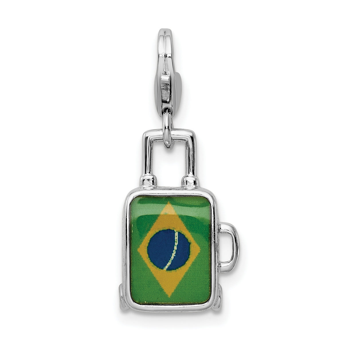 Sterling Silver Suitcase Charm Pendant, Brazil Flag Enamel, Travel Theme Jewelry for Women