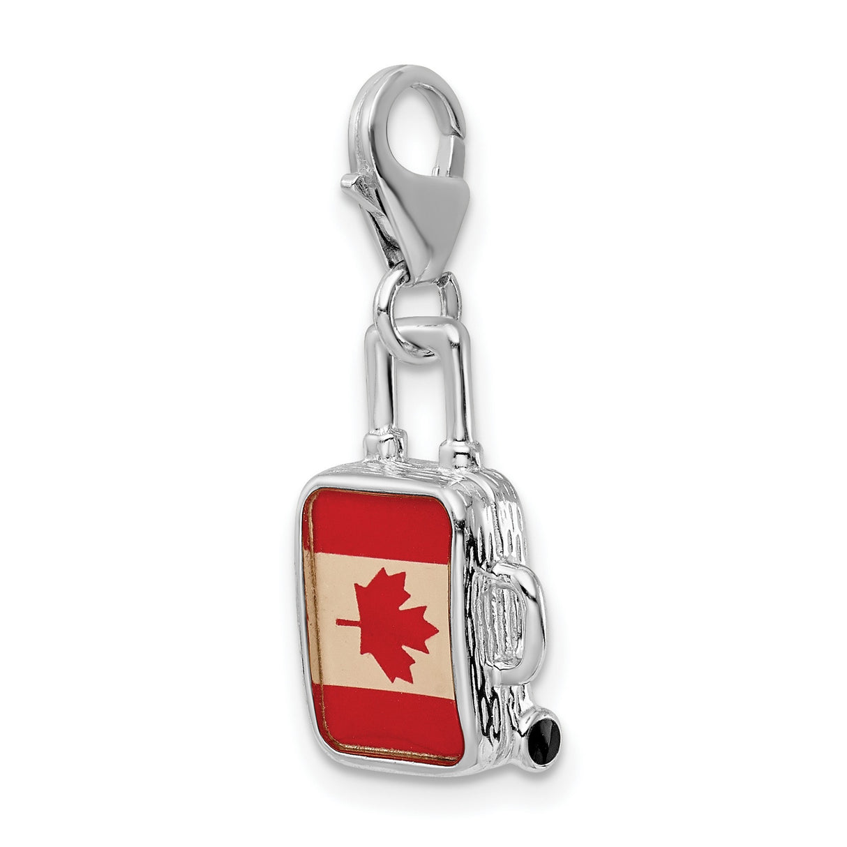 Sterling Silver Suitcase Charm Pendant with Canadian Flag and Maple Leaf Design, Travel Theme