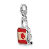 Sterling Silver Suitcase Charm Pendant with Canadian Flag and Maple Leaf Design, Travel Theme