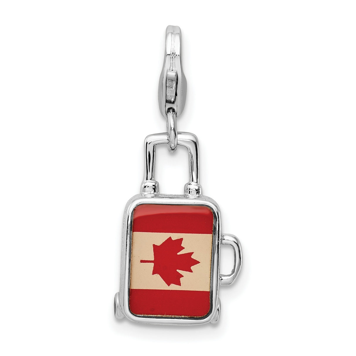 Sterling Silver Suitcase Charm Pendant with Canadian Flag and Maple Leaf Design, Travel Theme