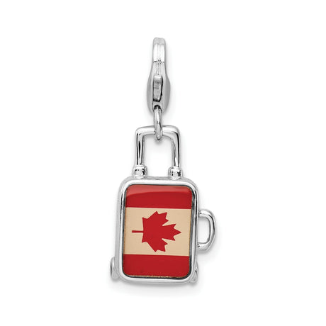 Sterling Silver Suitcase Charm Pendant with Canadian Flag and Maple Leaf Design, Travel Theme