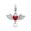 Sterling Silver Charm Pendant with Pearl, Red Enamel Heart, and Angel Wings