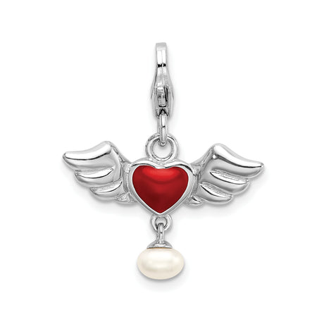 Sterling Silver Charm Pendant with Pearl, Red Enamel Heart, and Angel Wings