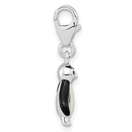 Polished 3-D Glitter Enameled Penguin Fancy Lobster Clasp Charm Pendant in Real 925 Sterling Silver