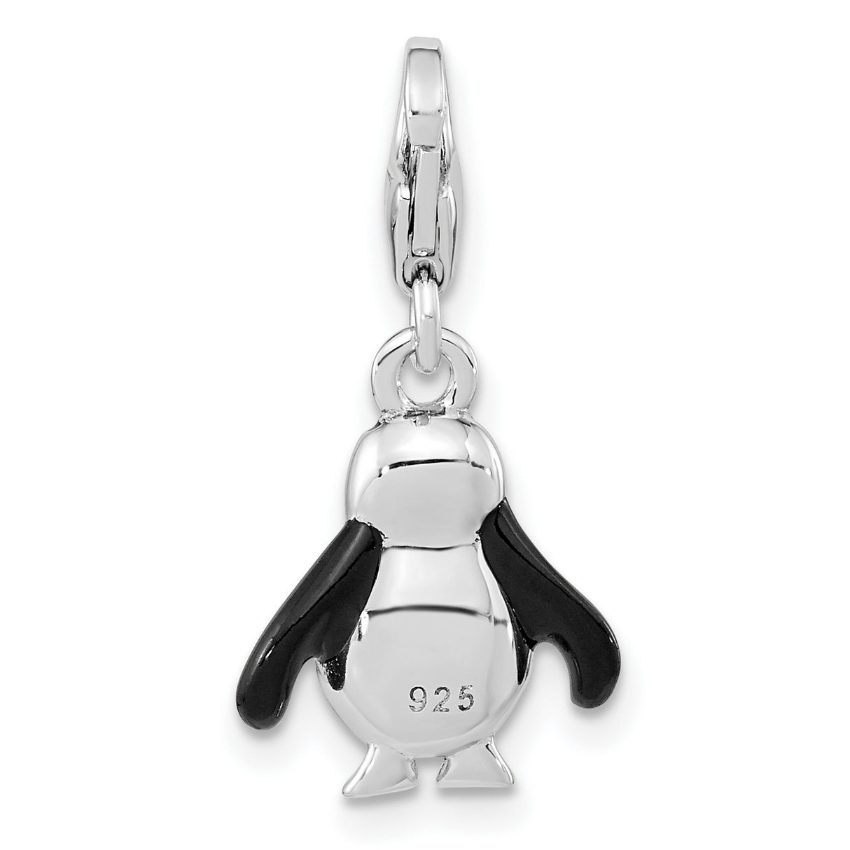 Polished 3-D Glitter Enameled Penguin Fancy Lobster Clasp Charm Pendant in Real 925 Sterling Silver