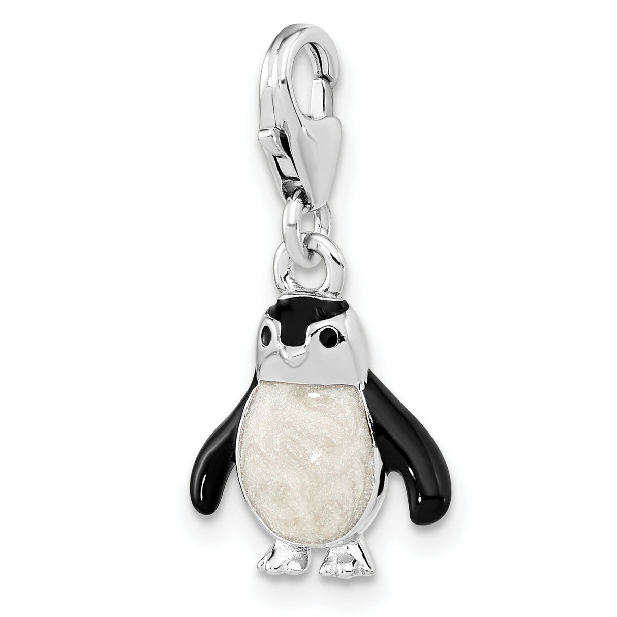 Polished 3-D Glitter Enameled Penguin Fancy Lobster Clasp Charm Pendant in Real 925 Sterling Silver