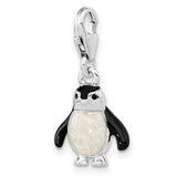 Polished 3-D Glitter Enameled Penguin Fancy Lobster Clasp Charm Pendant in Real 925 Sterling Silver
