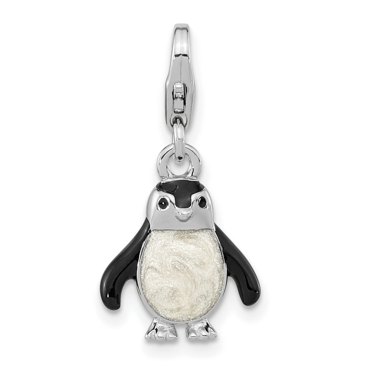 Polished 3-D Glitter Enameled Penguin Fancy Lobster Clasp Charm Pendant in Real 925 Sterling Silver