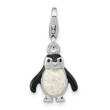 Polished 3-D Glitter Enameled Penguin Fancy Lobster Clasp Charm Pendant in Real 925 Sterling Silver