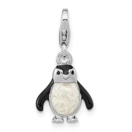 Polished 3-D Glitter Enameled Penguin Fancy Lobster Clasp Charm Pendant in Real 925 Sterling Silver