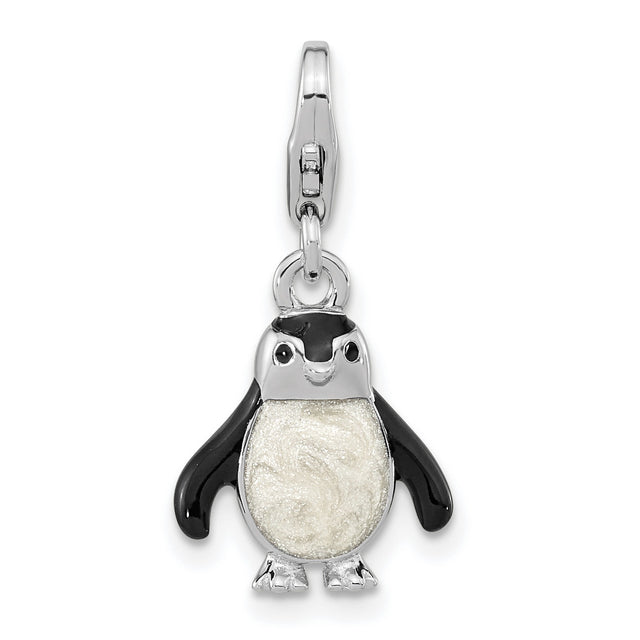 Polished 3-D Glitter Enameled Penguin Fancy Lobster Clasp Charm Pendant in Real 925 Sterling Silver