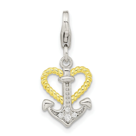 CZ Heart and Anchor with Fancy Lobster Clasp Charm Pendant in Real 925 Sterling SIlver