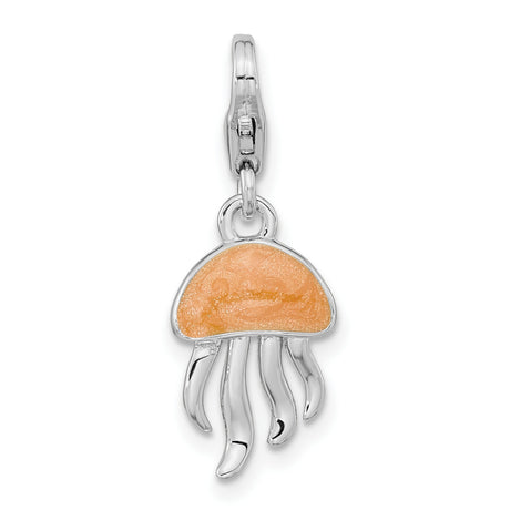 Sterling Silver Jellyfish Charm with Orange Enamel and Detailed Tentacles, Nautical Theme
