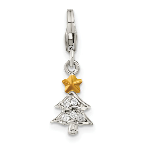 Polished CZ Christmas Tree with Fancy Lobster Clasp Charm Pendant in Real 925 Sterling SIlver