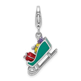 Sterling Silver Christmas Sleigh Charm with Enameled Green Sled and Boxes