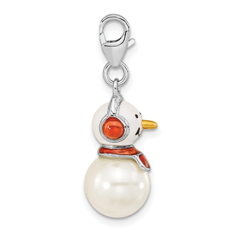 Sterling Silver Snowman Charm Pendant with Mother Of Pearl and Enamel Details