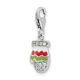 Sterling Silver Mitten Charm Pendant with Cubic Zirconia, Red and Green Enamel, Holiday Theme