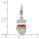 Sterling Silver Mitten Charm Pendant with Cubic Zirconia, Red and Green Enamel, Holiday Theme