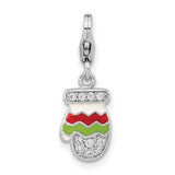 Sterling Silver Mitten Charm Pendant with Cubic Zirconia, Red and Green Enamel, Holiday Theme